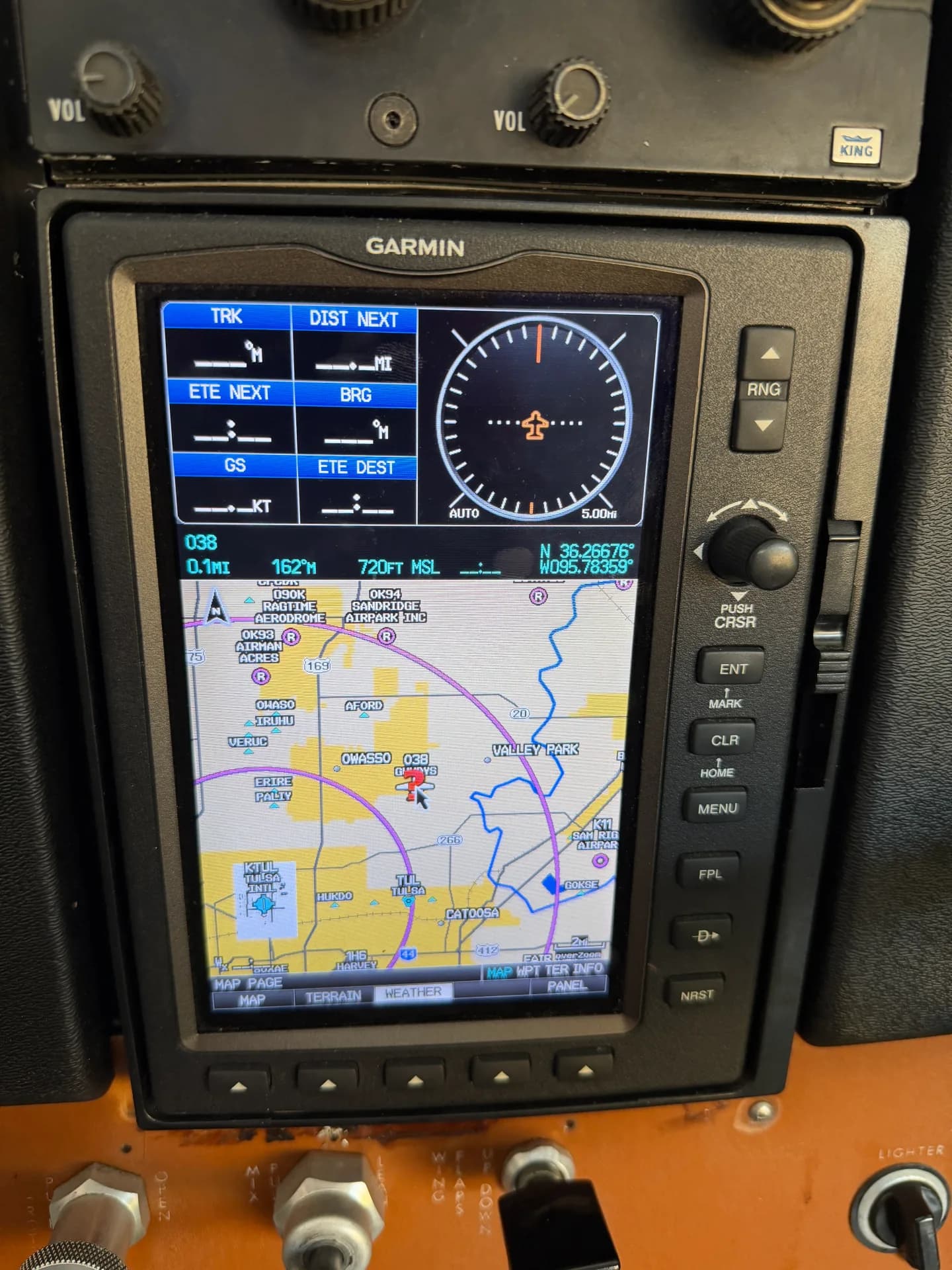 Garmin 696 GPS moving map display showing Gundys Airport O38 near Tulsa